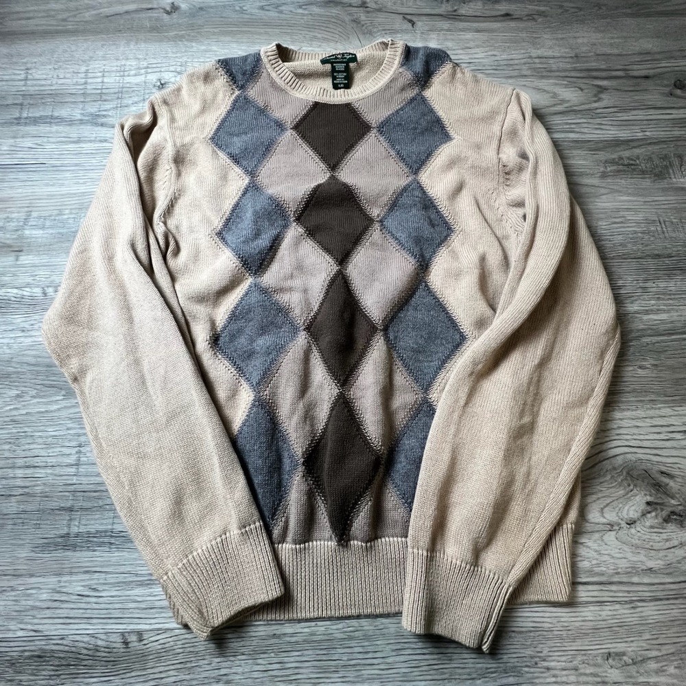 David Taylor Sweater Men XL Tan Argyle Cotton Crewneck Long Sleeve Knit Pullover